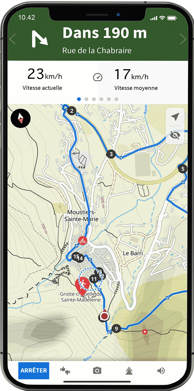 Capture d'écran du logiciel de navigation pour vélo électrique Komoot